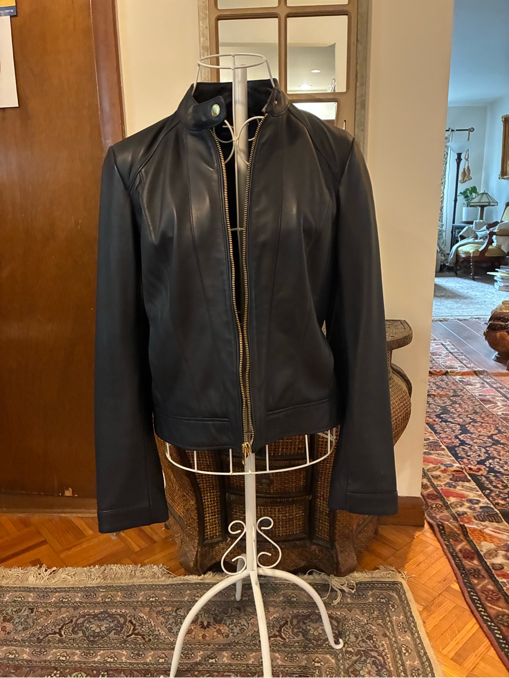Cole Haan Black Leather Zip Jacket With Snap Collar